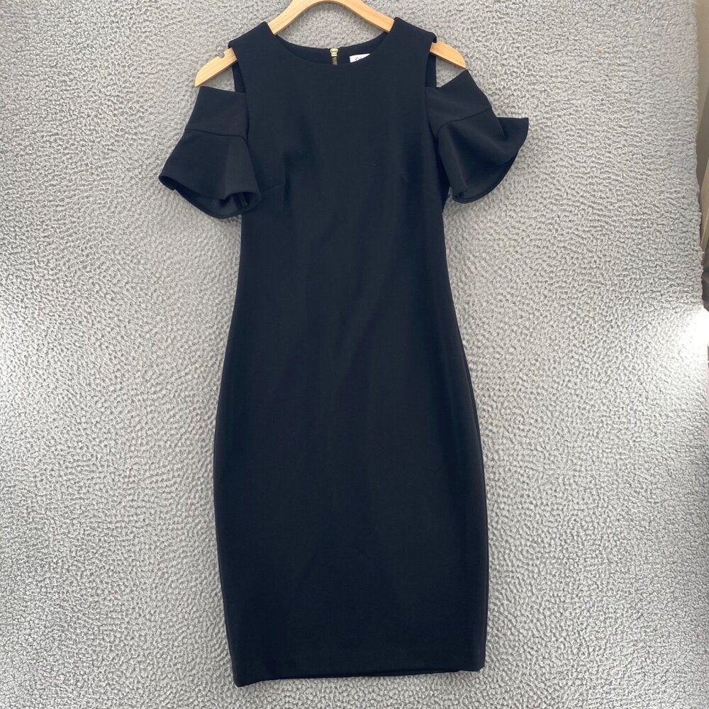 Calvin Klein Dress Womens 2 Black Sheath Bodycon Cut Out Short Flutter Sleeves